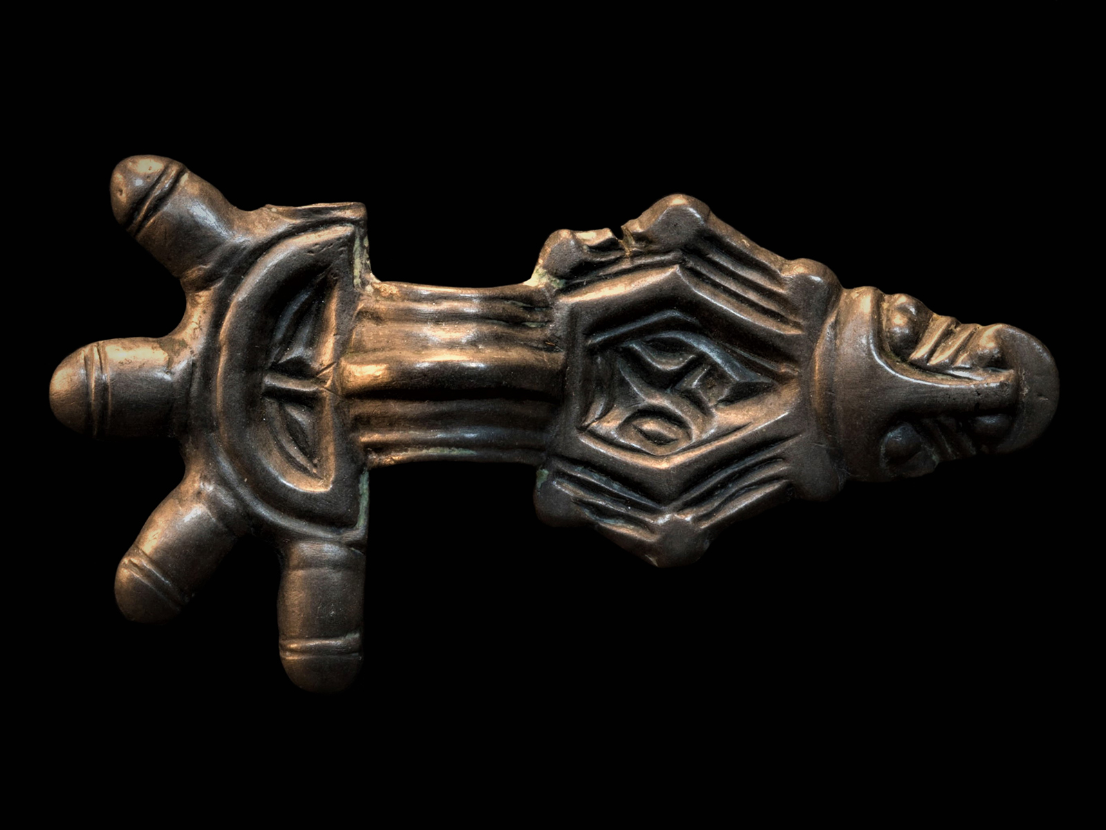 Metalowa zapinka, z czterema wypustkami na zakończeniu, cała pokryta ornamentem plastycznym, zakończona stylizowanym łbem.