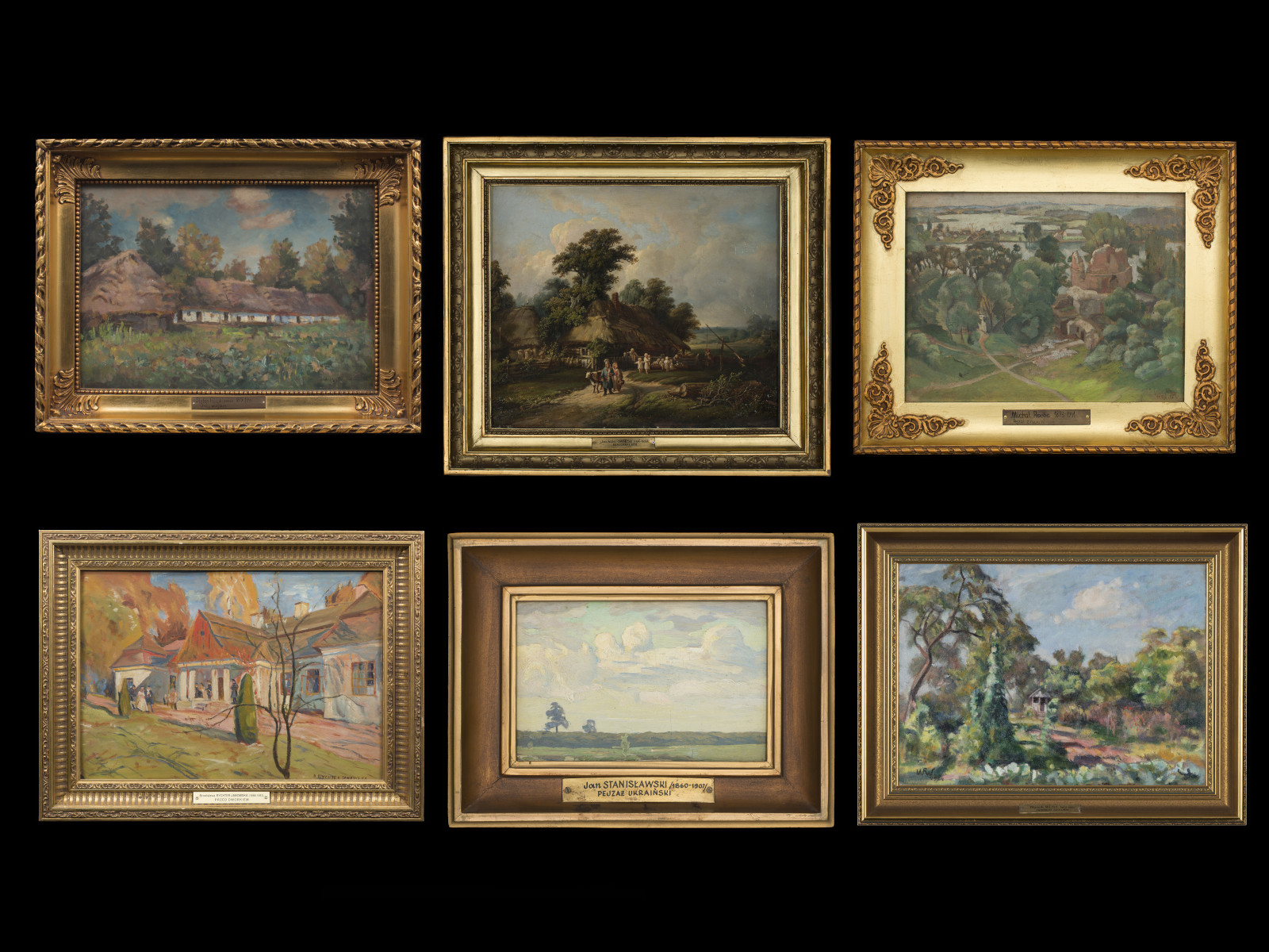 Widok na sześć obrazów w złotych ramach. Obrazy przedstawiają cztery pory roku. Niektóre z obrazów przedstawiają zabudowania w otoczeni zieleni, a niektóre pejzaże.