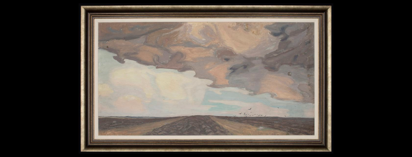 Obraz malarstwa Zygmunta Bujnowskiego ukazujący krajobraz ziemi ornej. Na niebie spiętrzone burzowe chmury a w oddali klucz ptaków.