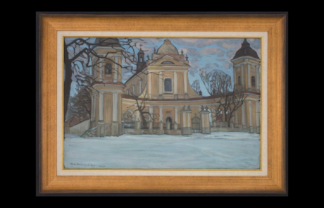 Obraz Zygmunta Bujnowskiego ukazujący kościół rzymskokatolicki p.w. Trójcy Przenajświętszej w Tykocinie.